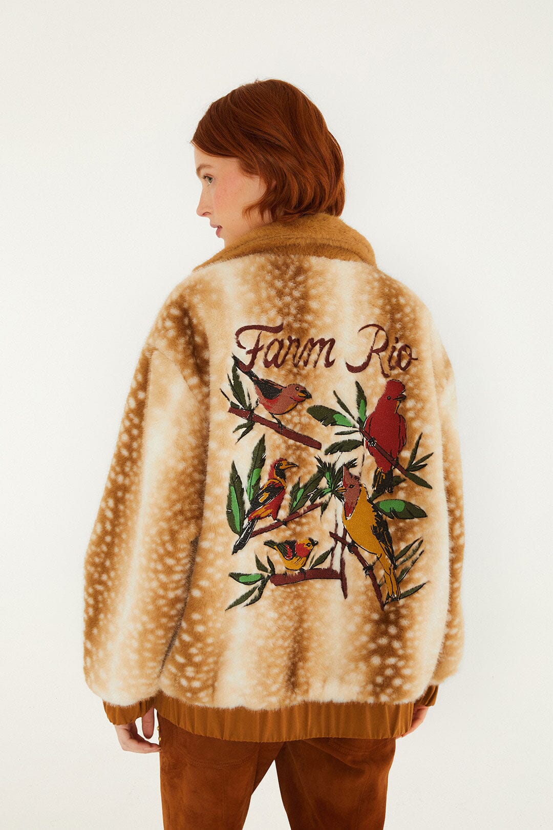 Farm Rio Borbofly reversible puffer jacket with a fawn print – back view with embroidered birds and flowers