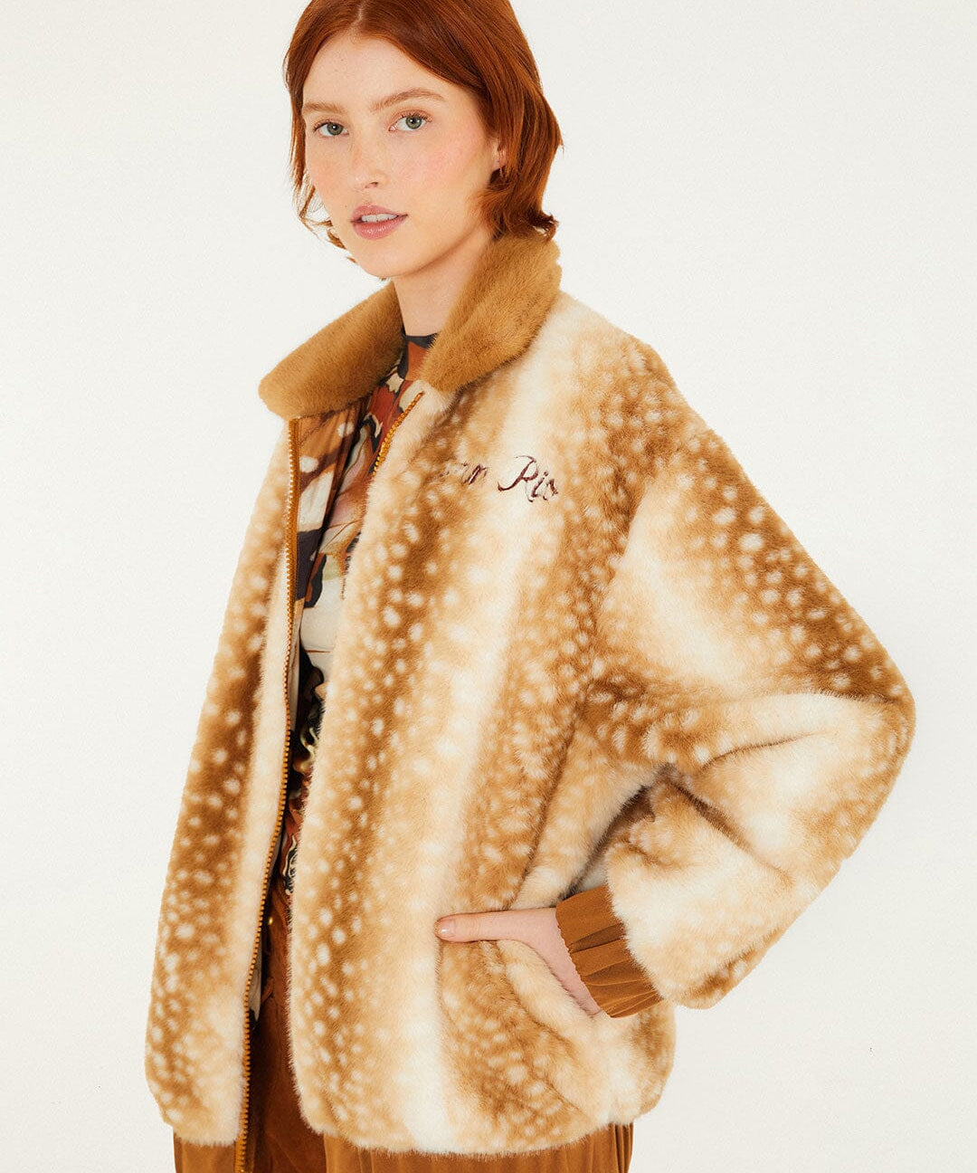 Farm Rio Borbofly reversible puffer jacket with a fawn print – worn open