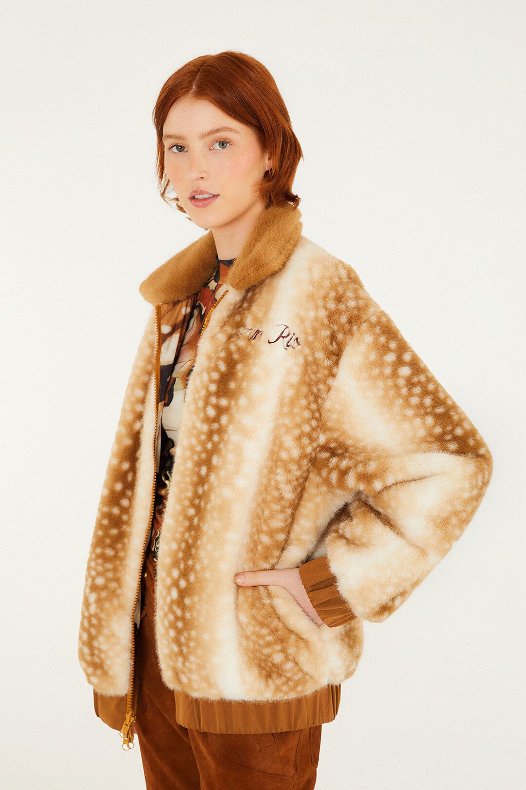 Farm Rio Borbofly reversible puffer jacket with a fawn print – worn open