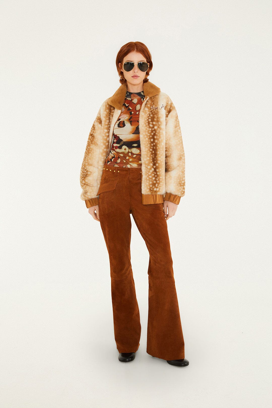 Farm Rio Borbofly reversible puffer jacket with a fawn print – full look with brown flared trousers