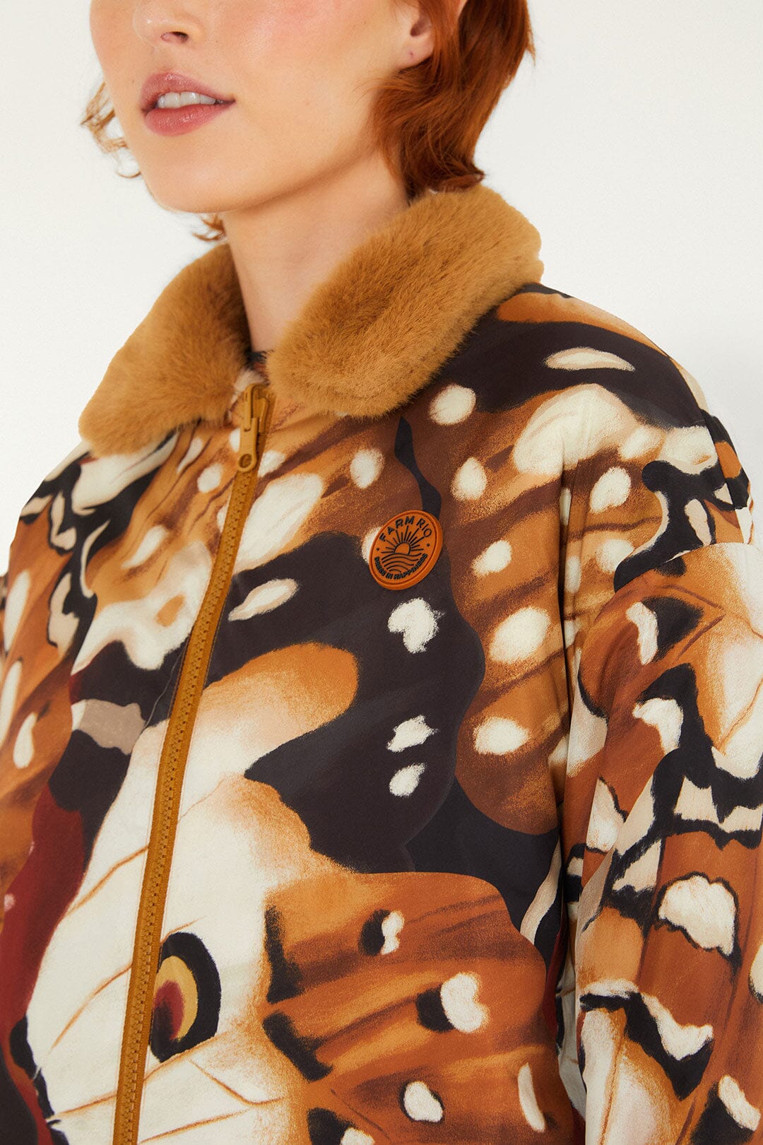Farm Rio Borbofly reversible puffer jacket with a fawn print – close-up of the reverse print