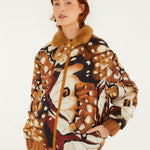 Farm Rio Borbofly reversible puffer jacket with a fawn print – worn on the reverse side