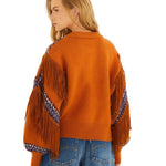 FARM Rio Brown Arabesque Scarf Fringe Cuffed Knit Sweater view featuring scarf-inspired patterns and decorative fringe cuffs.