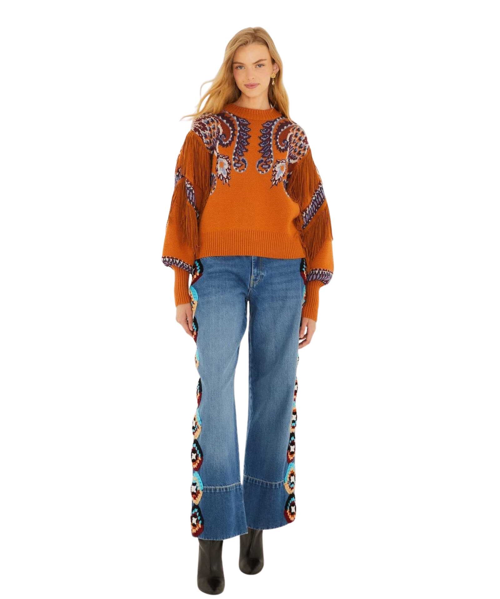 FARM Rio Brown Arabesque Scarf Fringe Cuffed Knit Sweater view featuring scarf-inspired patterns and decorative fringe cuffs.