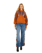 FARM Rio Brown Arabesque Scarf Fringe Cuffed Knit Sweater view featuring scarf-inspired patterns and decorative fringe cuffs.