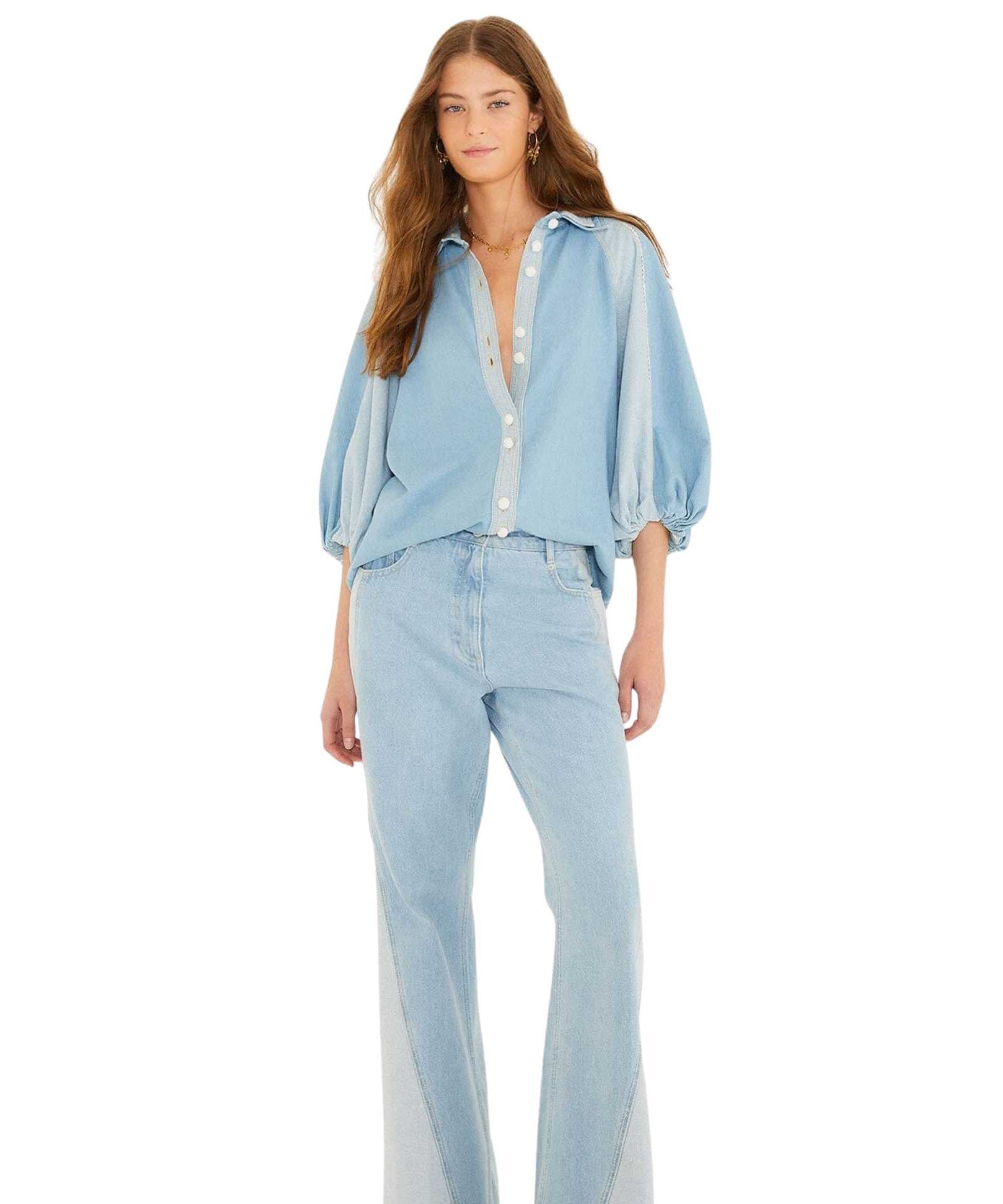 FARM Rio Denim Tree Light Colors Pants view showcasing premium denim fabric and colorful nature-inspired details.
