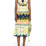 FARM Rio Embellished Cutout Printed Midi Dress  view showcasing the artistic print and sophisticated cutout details.