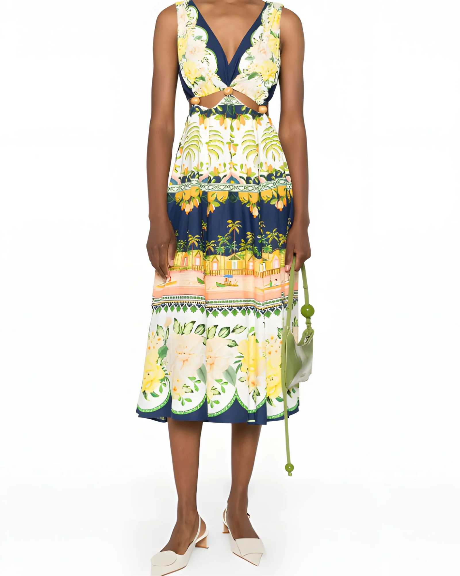 FARM Rio Embellished Cutout Printed Midi Dress  view showcasing the artistic print and sophisticated cutout details.