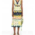 FARM Rio Embellished Cutout Printed Midi Dress  view showcasing the artistic print and sophisticated cutout details.