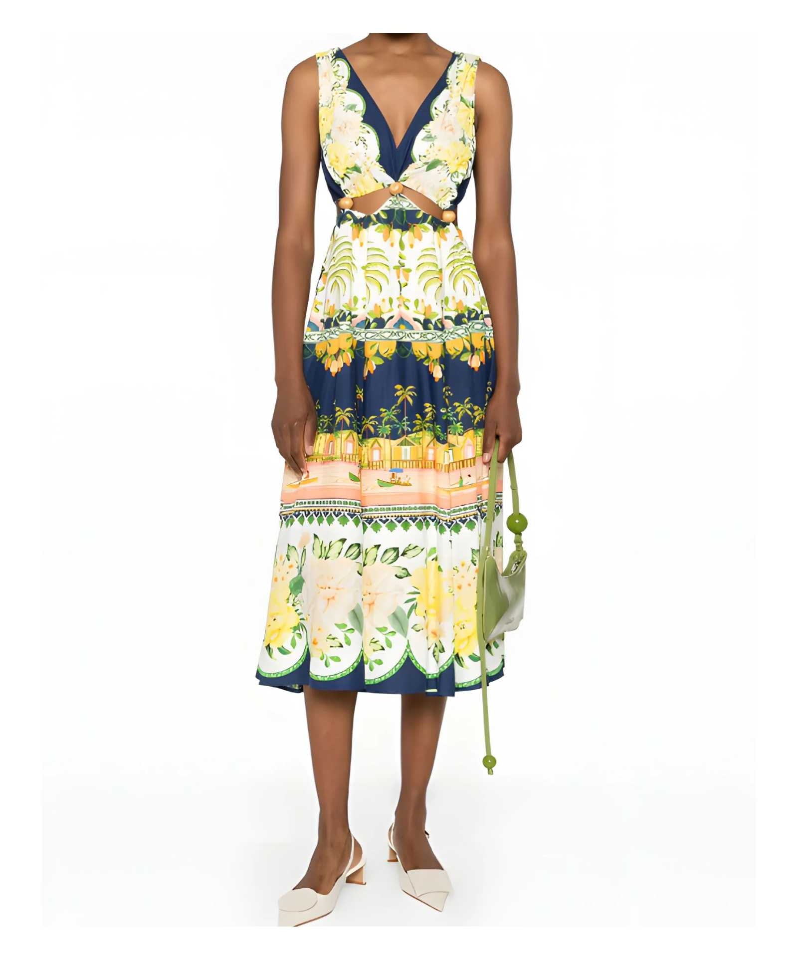 FARM Rio Embellished Cutout Printed Midi Dress  view showcasing the artistic print and sophisticated cutout details.