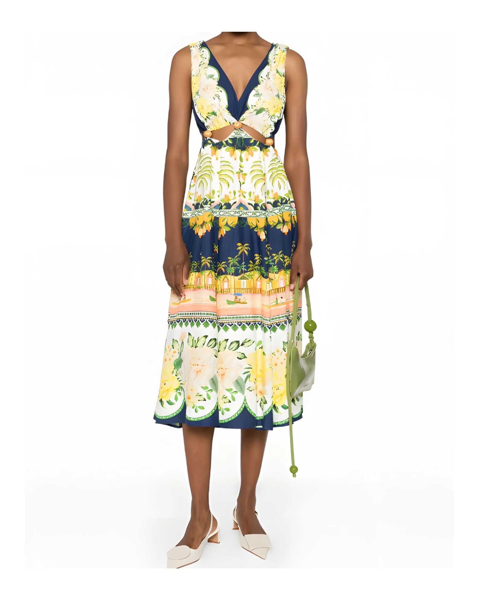 FARM Rio Embellished Cutout Printed Midi Dress  view showcasing the artistic print and sophisticated cutout details.