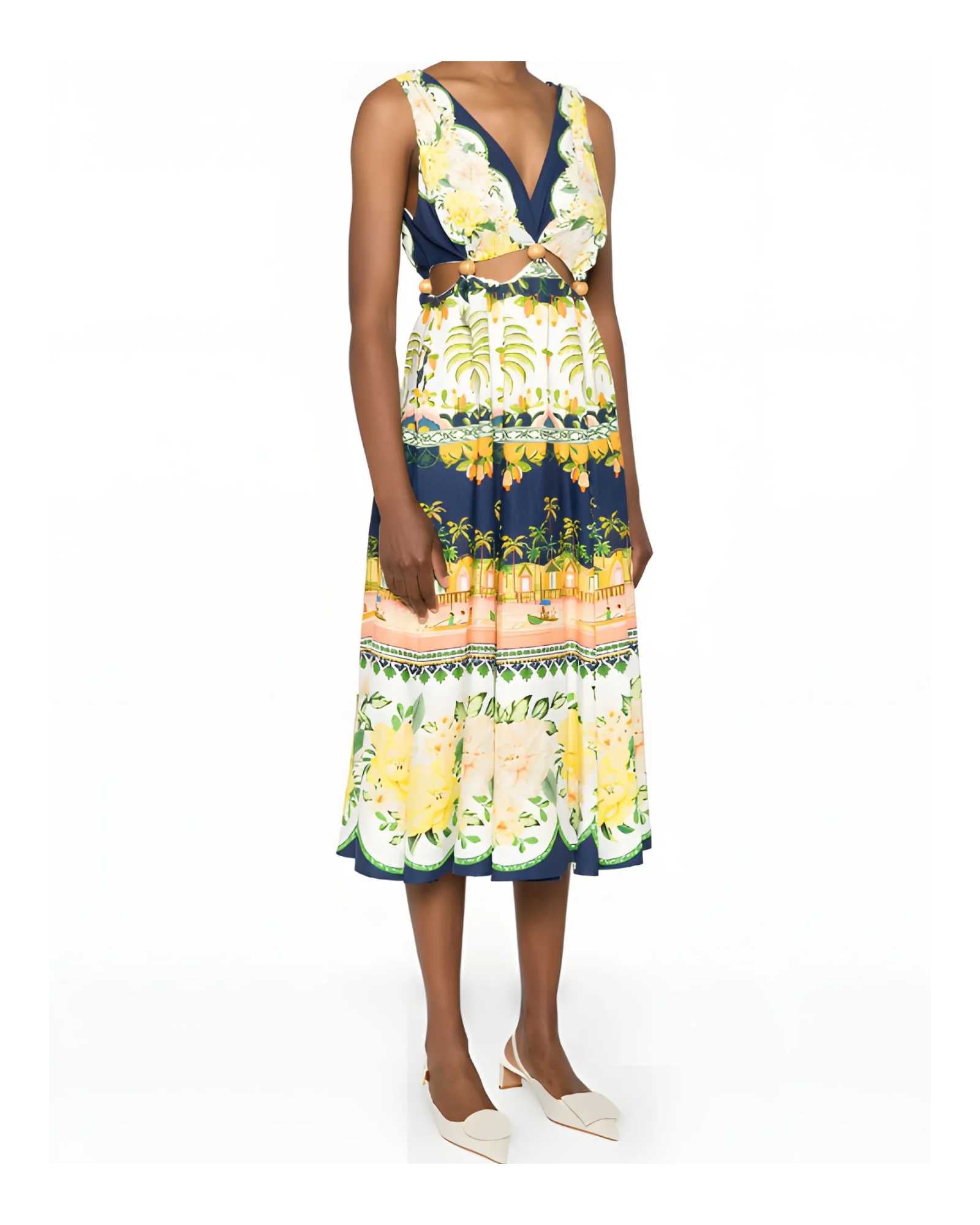 FARM Rio Embellished Cutout Printed Midi Dress  view showcasing the artistic print and sophisticated cutout details.