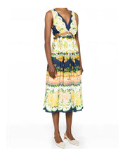 FARM Rio Embellished Cutout Printed Midi Dress  view showcasing the artistic print and sophisticated cutout details.
