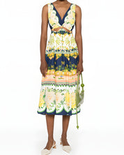 Full-length front view of a model styling the Farm Rio printed midi dress, showcasing the balance of the tropical pattern and the waist cut-outs