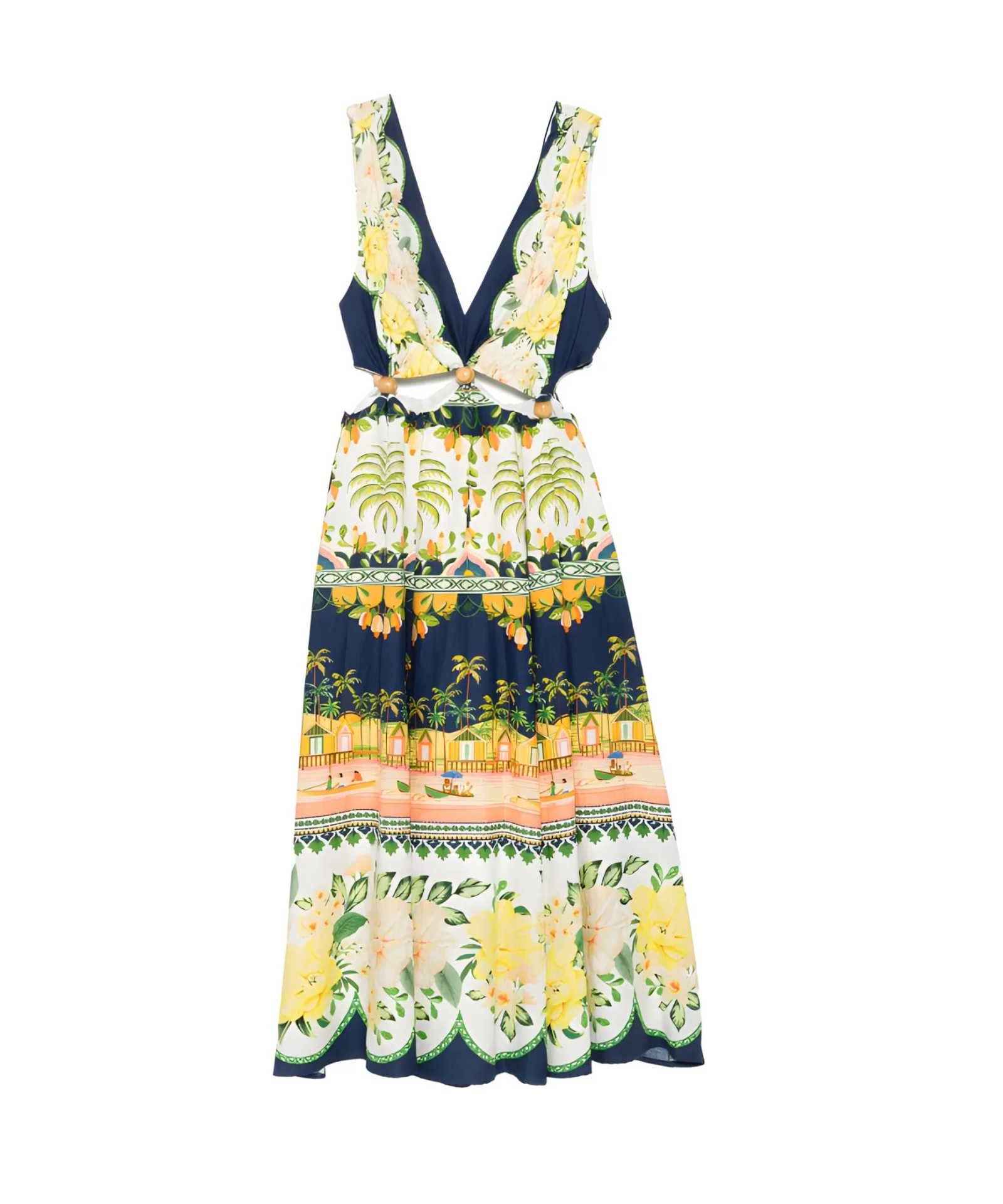 FARM Rio Embellished Cutout Printed Midi Dress  view showcasing the artistic print and sophisticated cutout details.