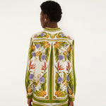 Back view of Farm Rio green botanical print shirt featuring tropical floral motifs, long sleeves and a relaxed fit.