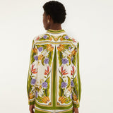 Back view of Farm Rio green botanical print shirt featuring tropical floral motifs, long sleeves and a relaxed fit.