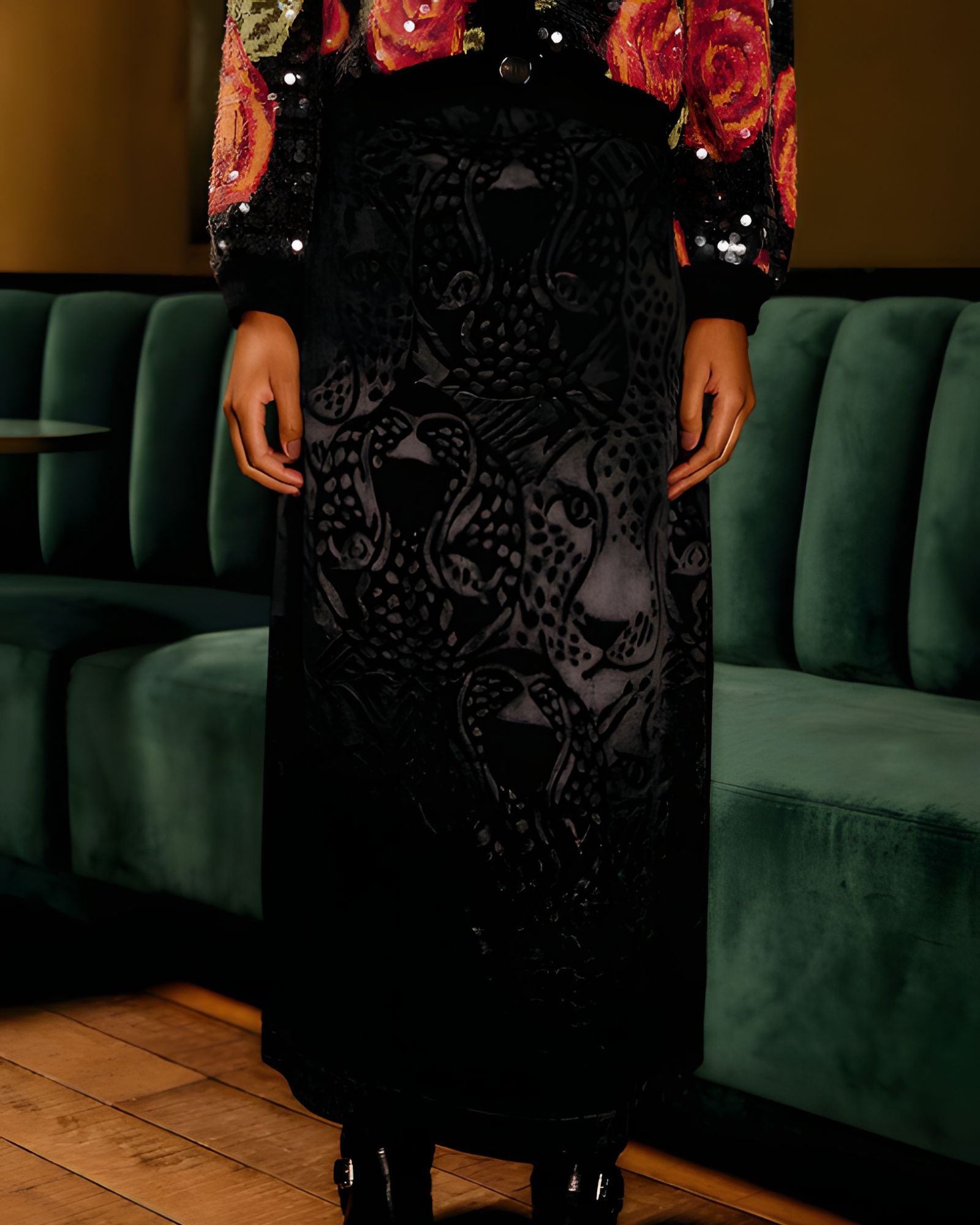 Front view focal shot showcasing the elegant drape, fluid movement, and subtle leopard texture of the FARM Rio black jacquard maxi skirt.