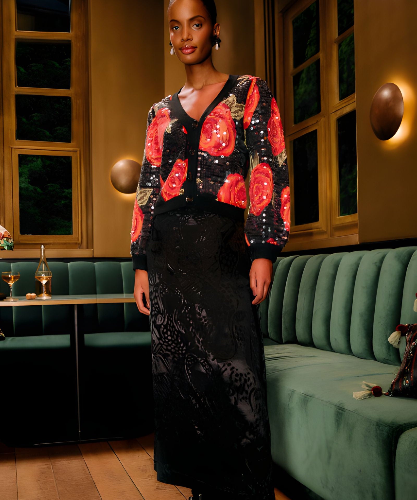 Lifestyle look view of a model in a restaurant setting wearing the FARM Rio Black Midnight Leopards jacquard maxi skirt paired with a floral cardigan.