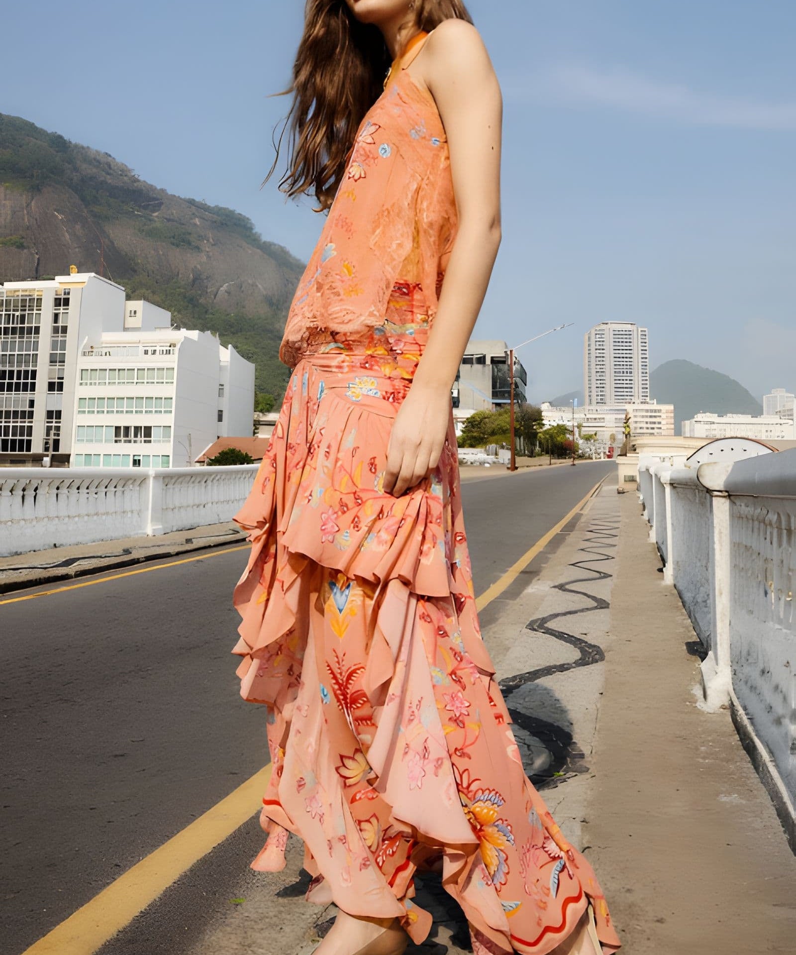 Model wearing Farm Rio mocha boho enhance ruffled maxi skirt with matching sleeveless top, full length view.