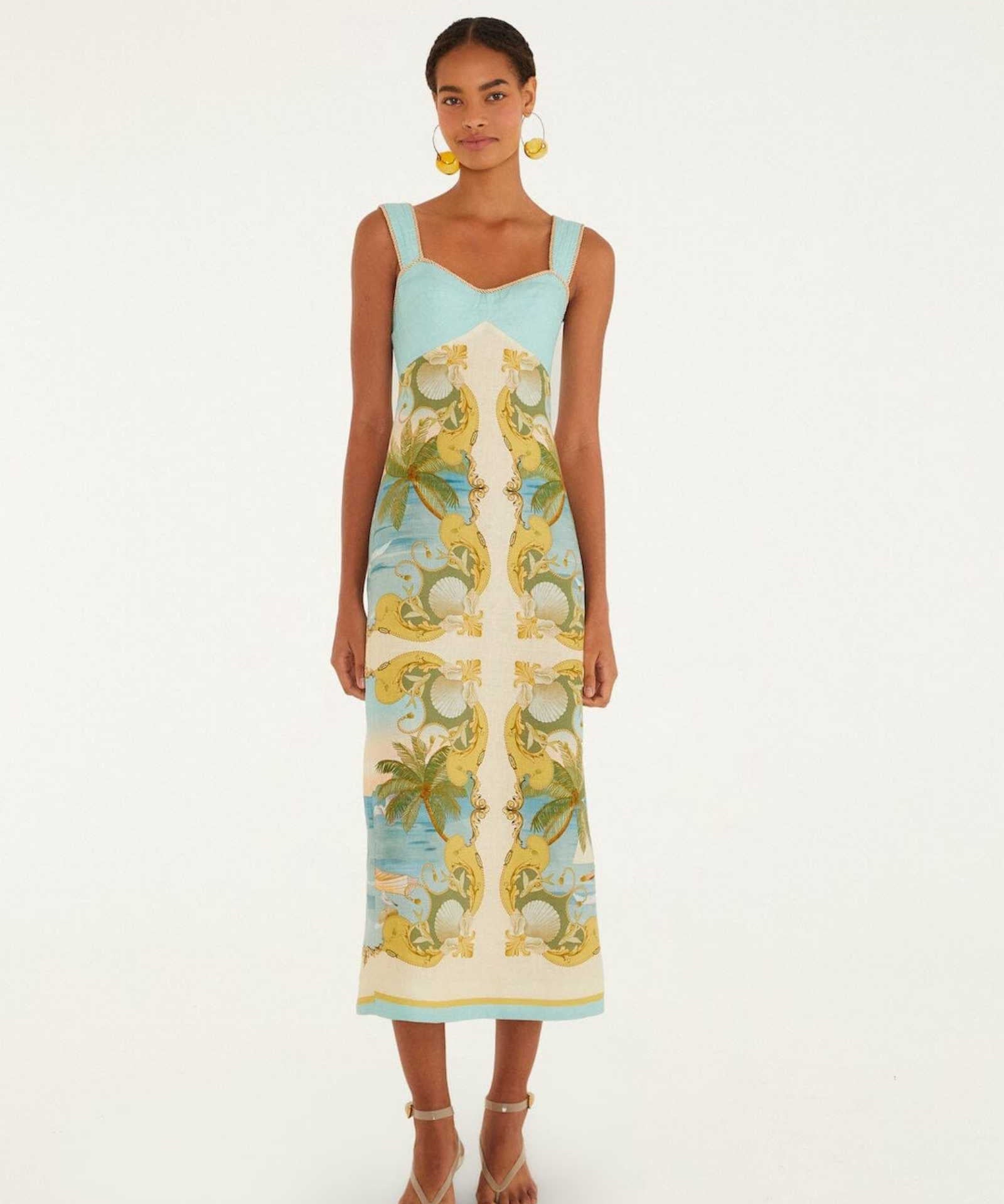 FARM Rio Multicolor Royal Sea Maxi Dress view featuring a vibrant ocean-inspired Royal Sea print and flowing silhouette.