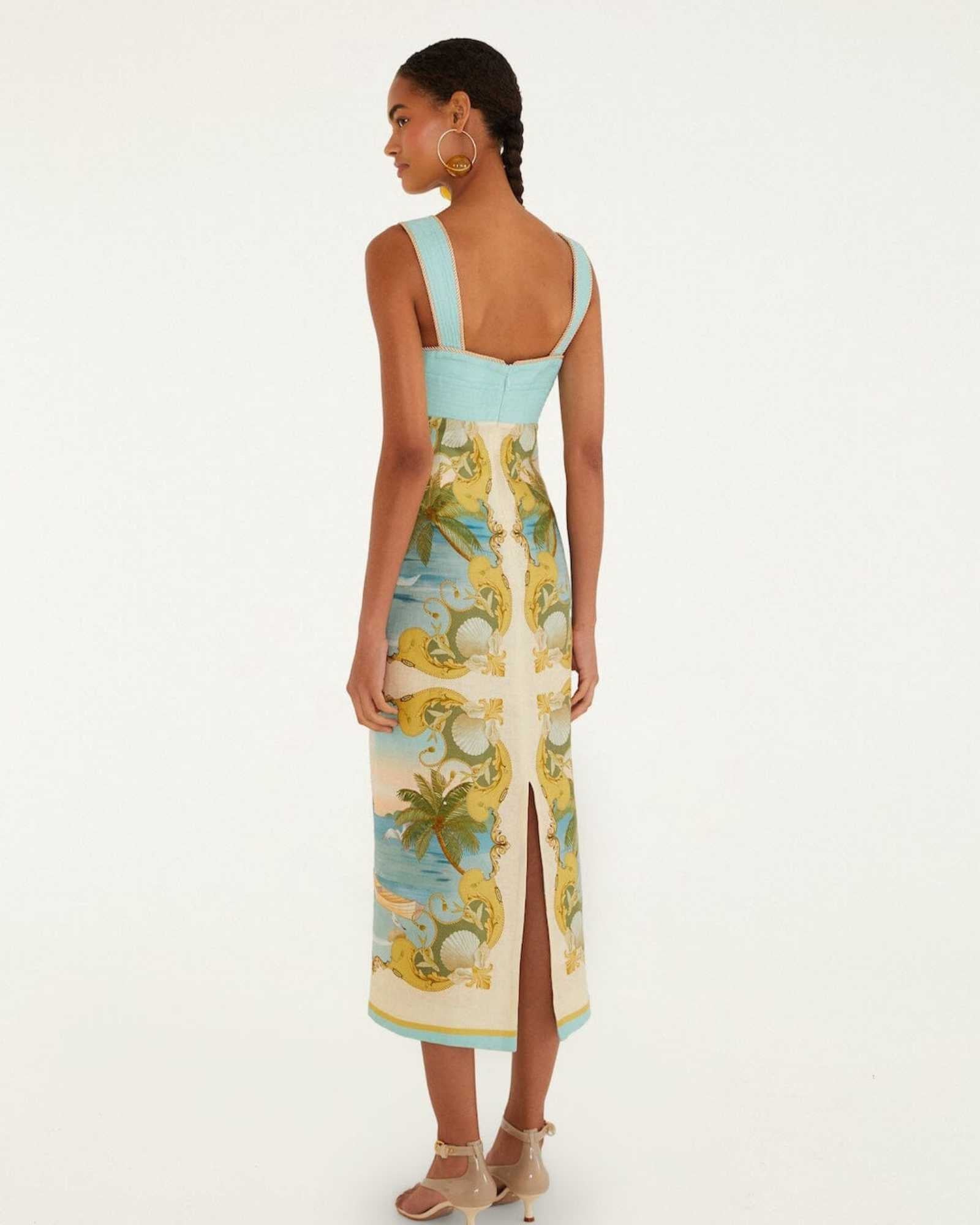 Back view of the FARM Rio Royal Sea multicolour maxi dress worn by a model