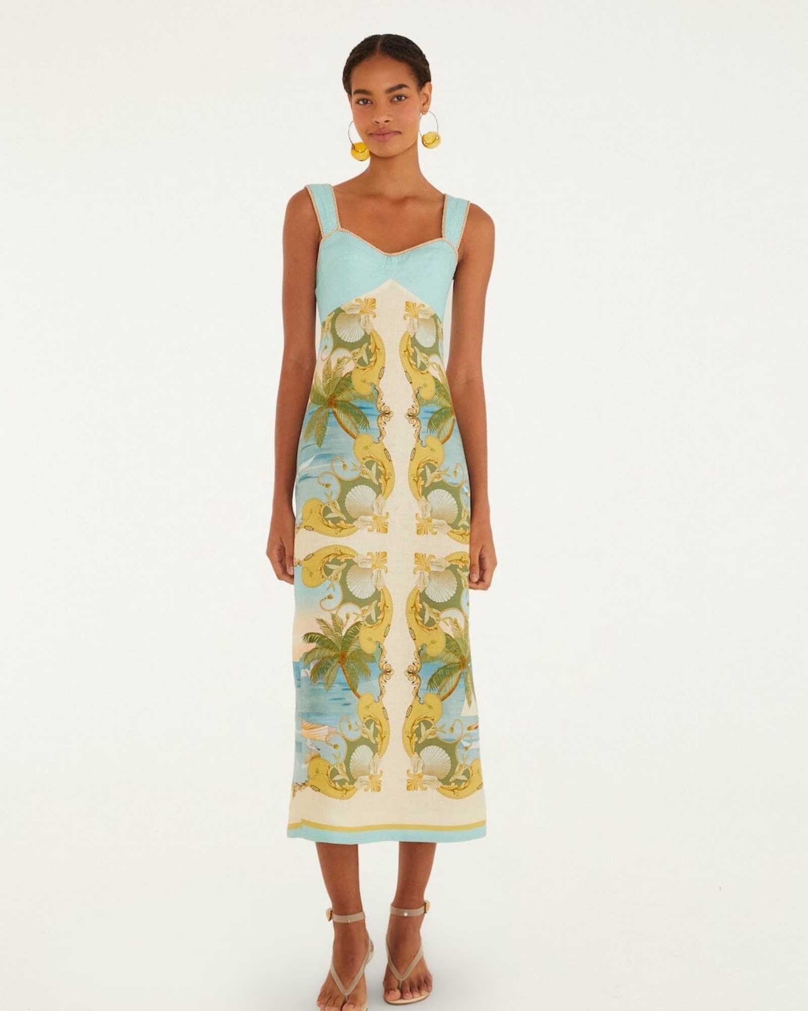 FARM Rio Royal Sea maxi dress in a multicolour ocean print, worn by a model, front view