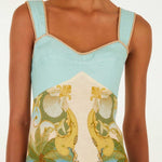 Model wearing the FARM Rio Royal Sea multicolour maxi dress with scoop neck