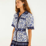 FARM Rio Off-White Porcelain Garden Mini Dress view featuring a porcelain-inspired floral print and flattering mini silhouette.