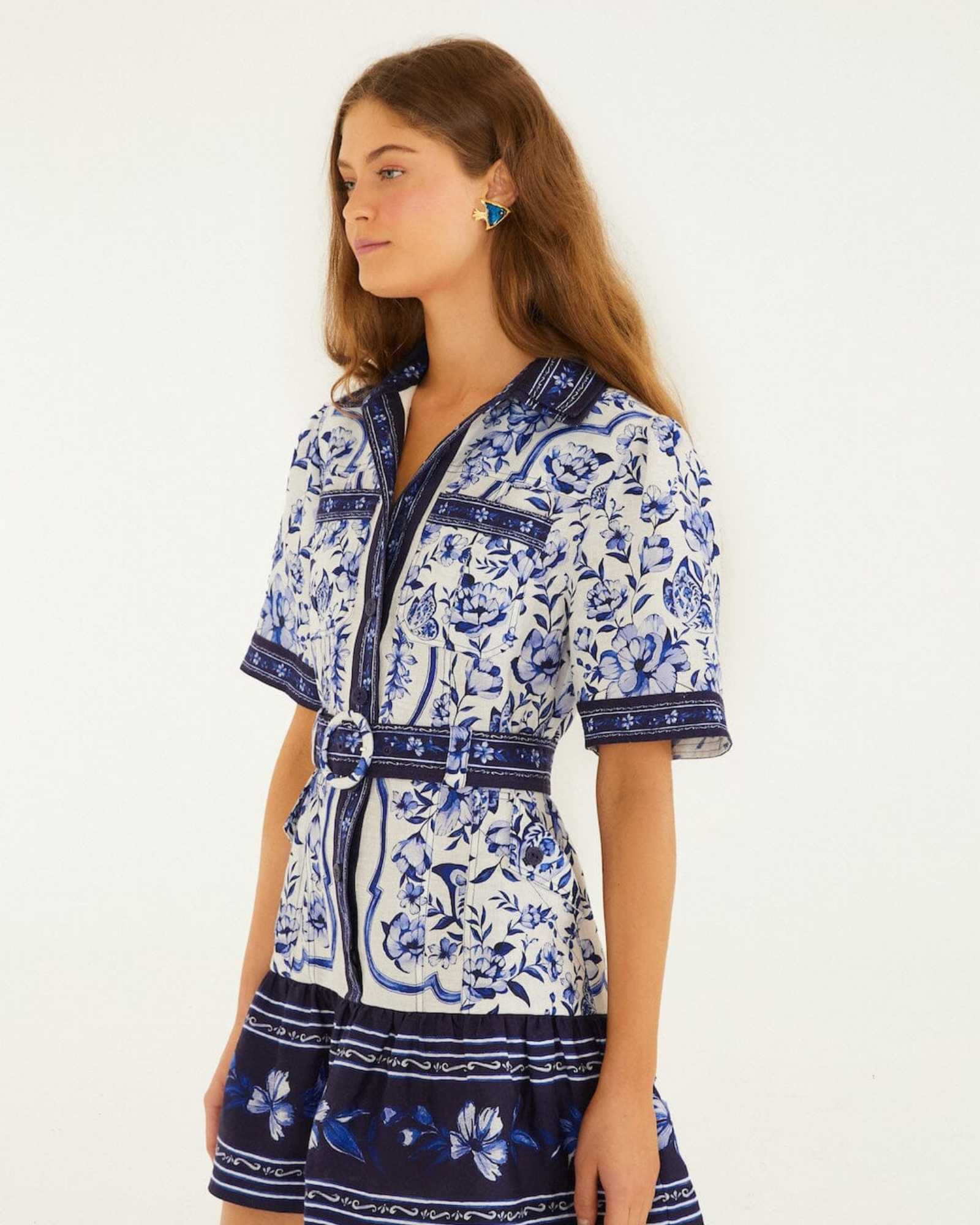 FARM Rio Off-White Porcelain Garden Mini Dress view featuring a porcelain-inspired floral print and flattering mini silhouette.