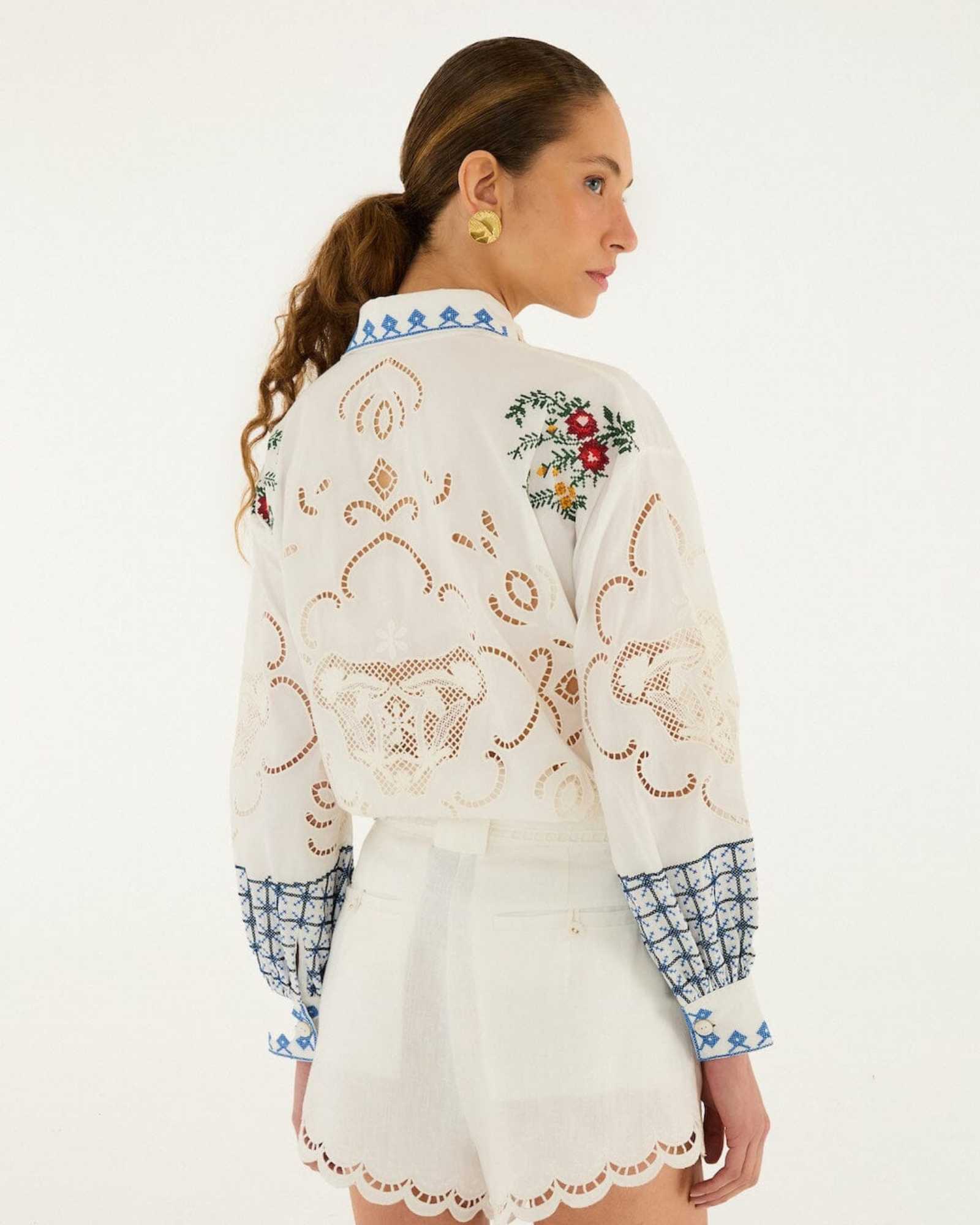 FARM Rio Off-White Richelieu Shorts view featuring intricate embroidered cutwork detailing and a tailored silhouette.