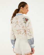 FARM Rio Off-White Richelieu Shorts view featuring intricate embroidered cutwork detailing and a tailored silhouette.