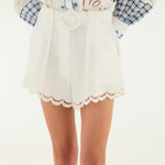 FARM Rio Off-White Richelieu Shorts view featuring intricate embroidered cutwork detailing and a tailored silhouette.