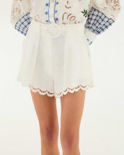 FARM Rio Off-White Richelieu Shorts view featuring intricate embroidered cutwork detailing and a tailored silhouette.