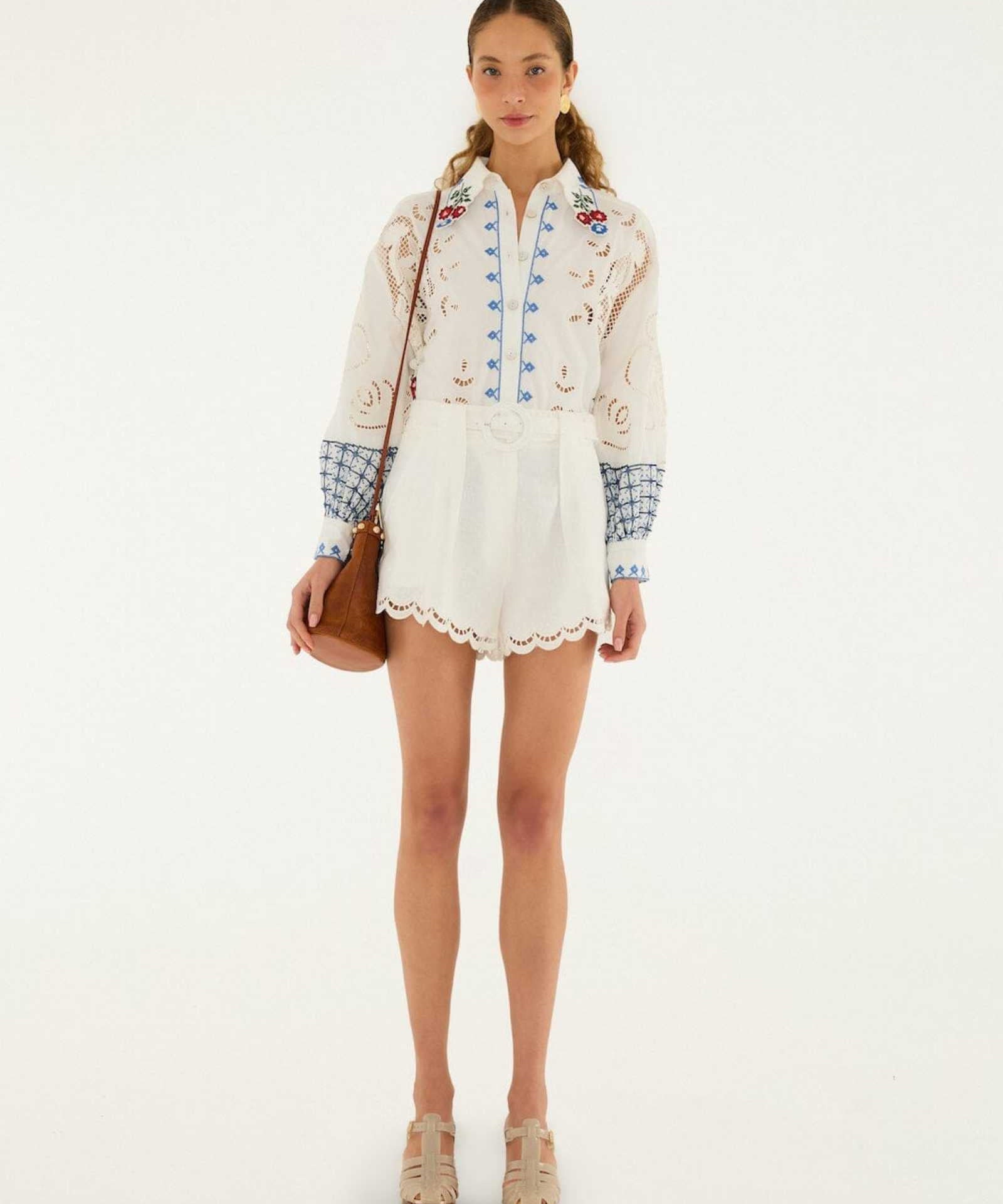FARM Rio Off-White Richelieu Shorts view featuring intricate embroidered cutwork detailing and a tailored silhouette.
