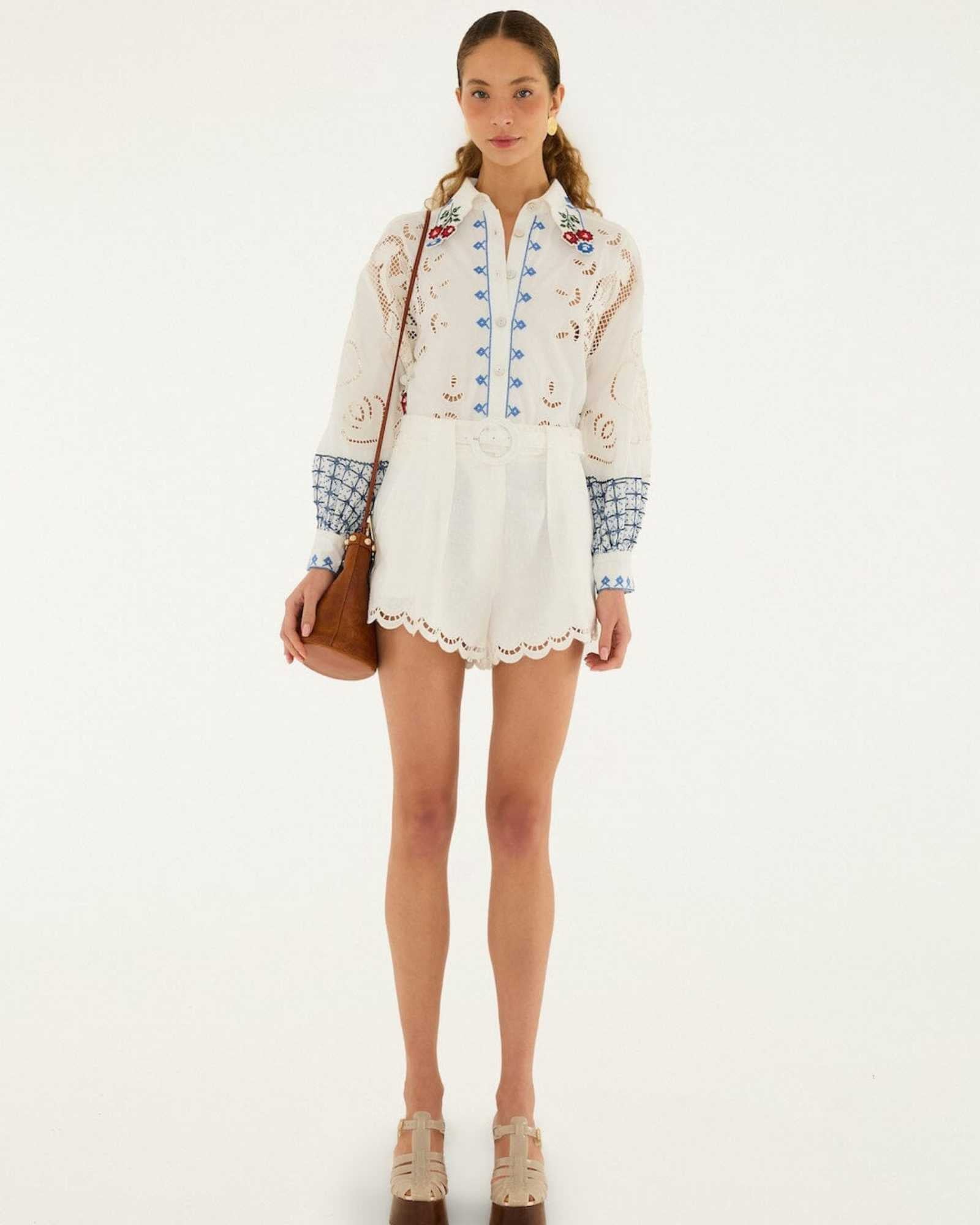 FARM Rio Off-White Richelieu Shorts view featuring intricate embroidered cutwork detailing and a tailored silhouette.
