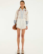 FARM Rio Off-White Richelieu Shorts view featuring intricate embroidered cutwork detailing and a tailored silhouette.