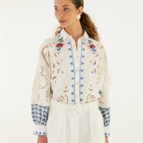 FARM Rio Off-White Richelieu Shorts view featuring intricate embroidered cutwork detailing and a tailored silhouette.