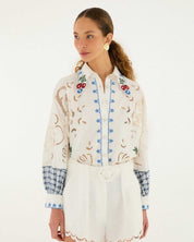 FARM Rio Off-White Richelieu Shorts view featuring intricate embroidered cutwork detailing and a tailored silhouette.