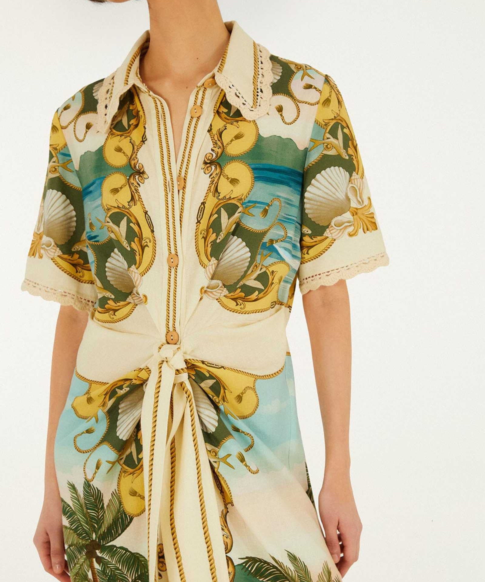 FARM Rio Off-White Royal Sea Collared Midi Dress view featuring a colorful ocean-inspired Royal Sea print and classic collar.