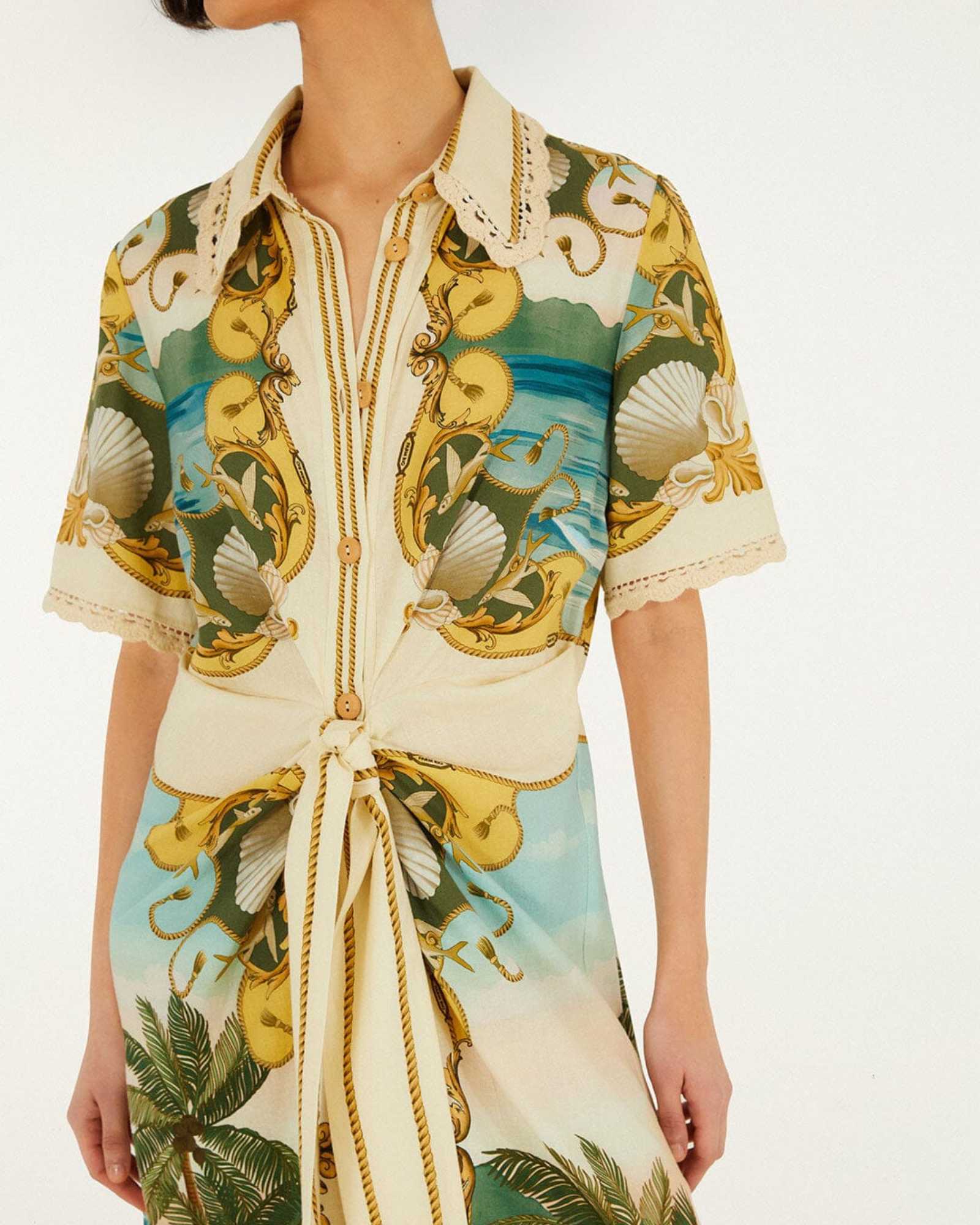FARM Rio Off-White Royal Sea Collared Midi Dress view featuring a colorful ocean-inspired Royal Sea print and classic collar.
