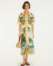FARM Rio Off-White Royal Sea Collared Midi Dress view featuring a colorful ocean-inspired Royal Sea print and classic collar.