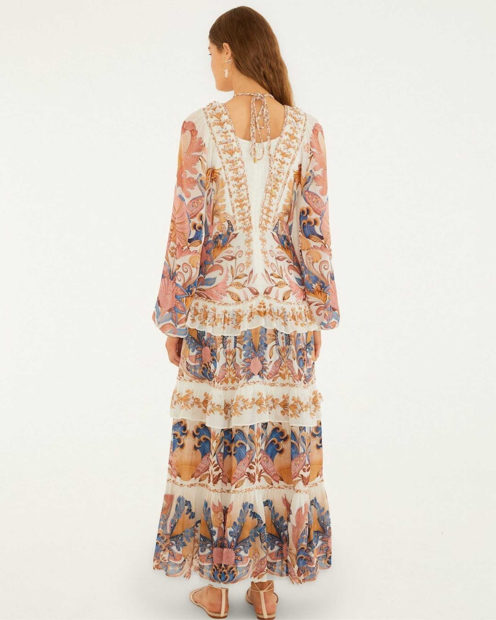 FARM Rio Off-White Sea Garden Ruffled Maxi Dress view featuring a romantic floral print and cascading ruffle design.