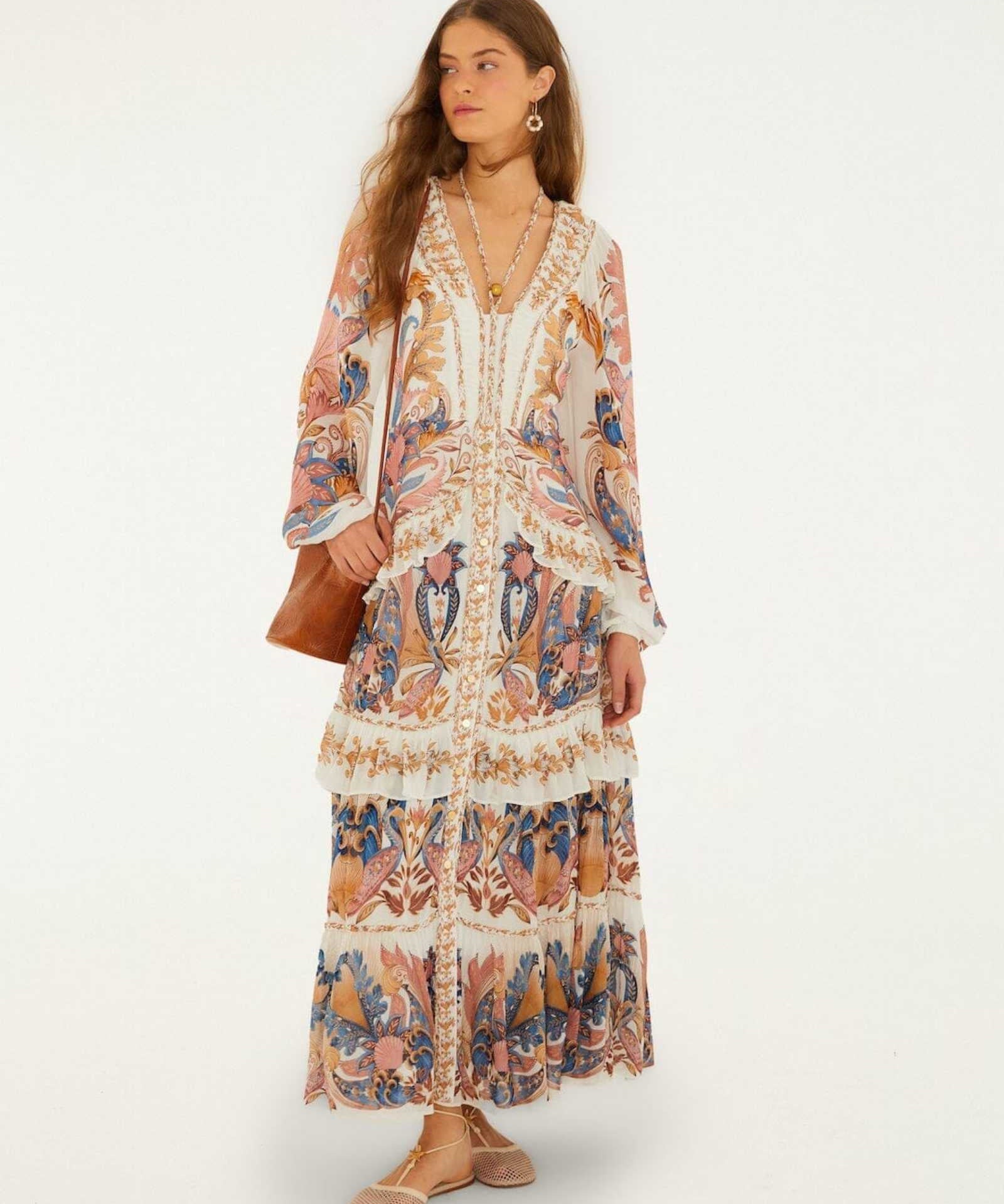 FARM Rio Off-White Sea Garden Ruffled Maxi Dress view featuring a romantic floral print and cascading ruffle design.