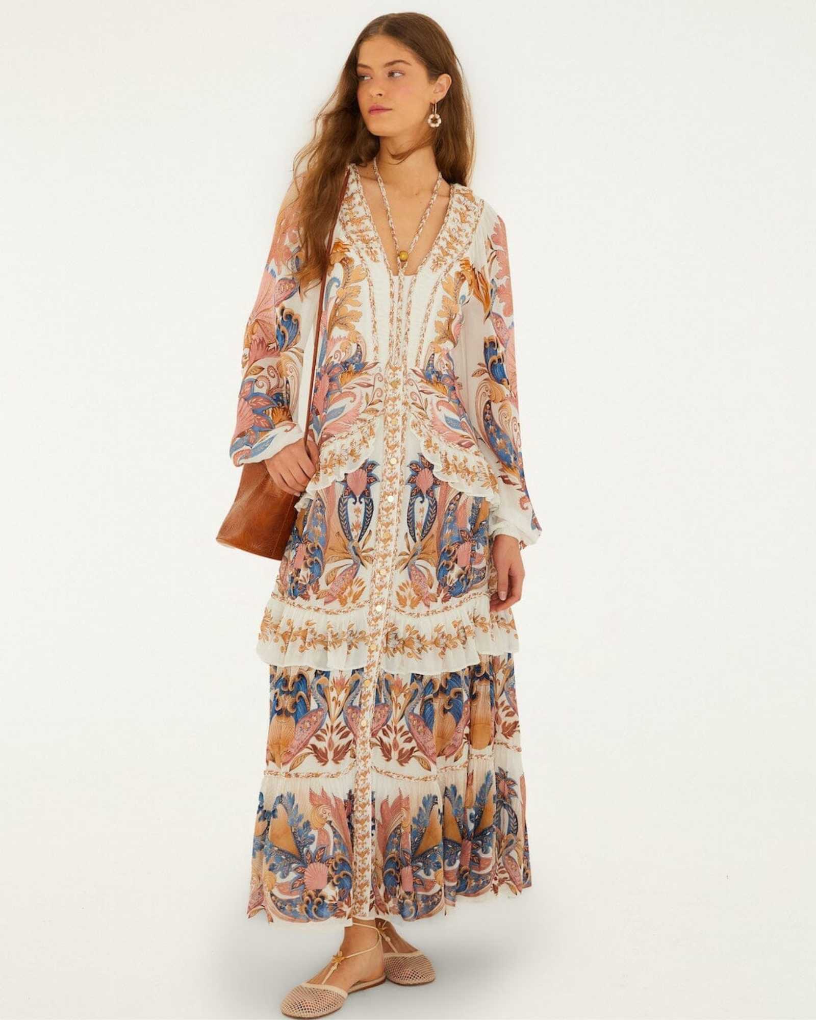 FARM Rio Off-White Sea Garden Ruffled Maxi Dress view featuring a romantic floral print and cascading ruffle design.