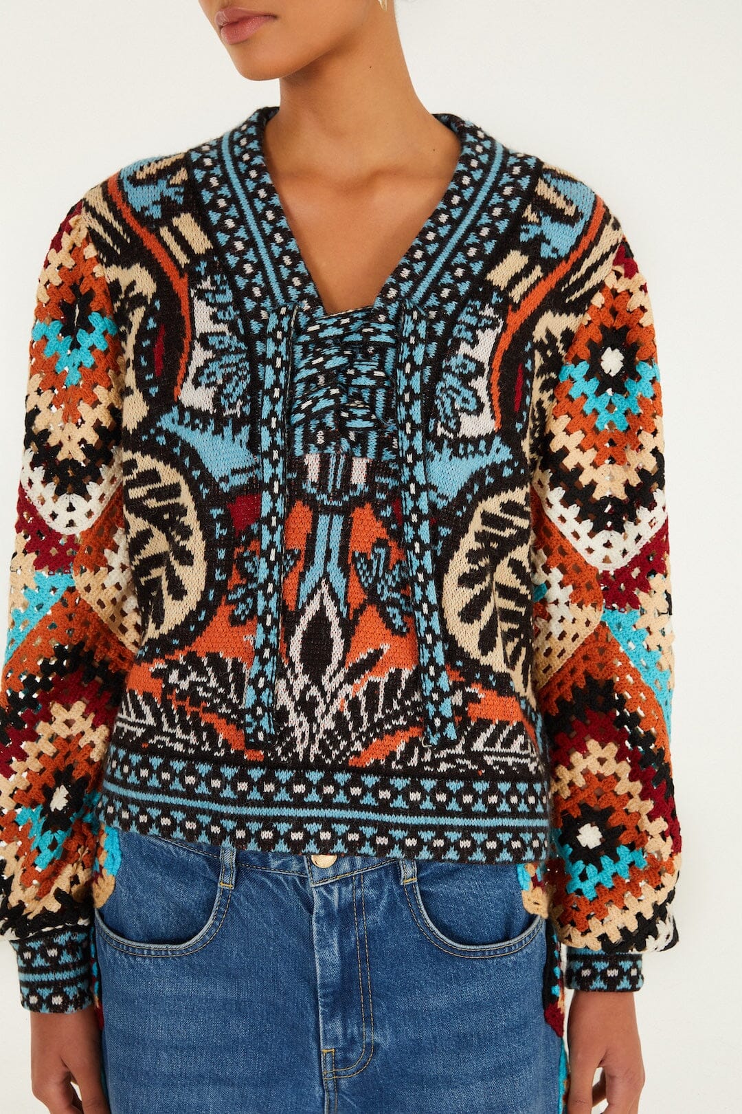 FARM Rio Balamana crochet sleeve sweater – close-up on the model
