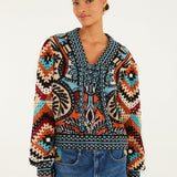 FARM Rio Balamana crochet sleeve sweater in multicolour – front view