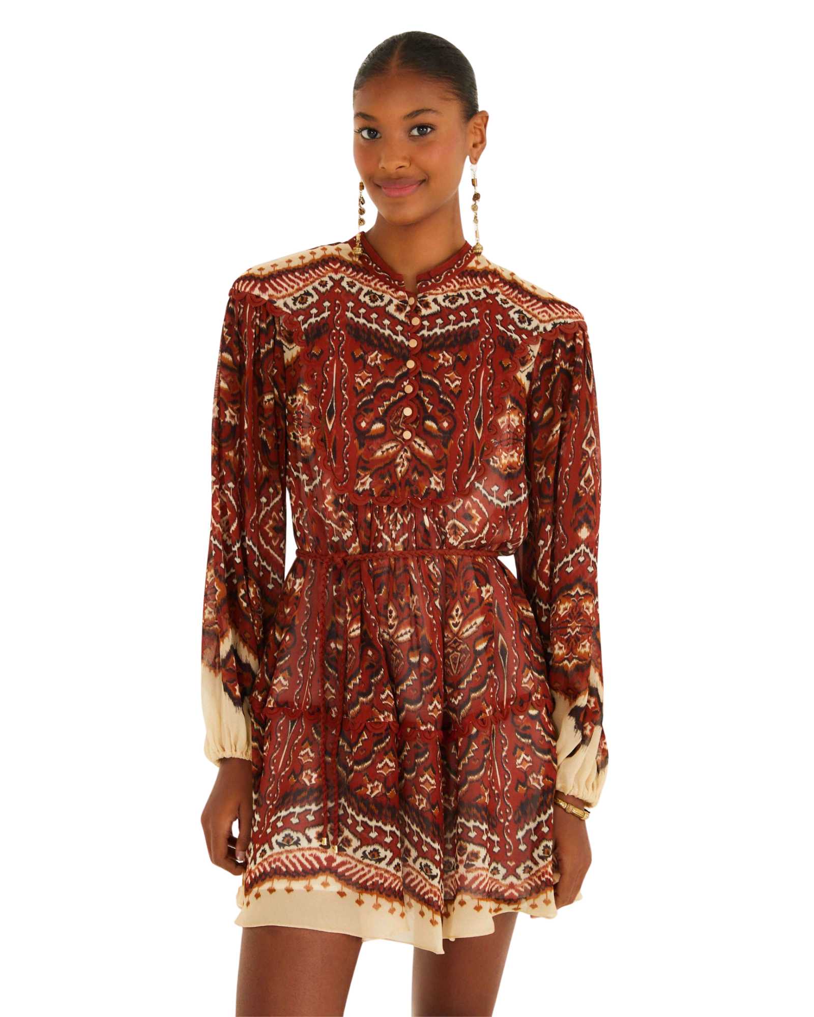FARM Rio Sand Ainika Pineapple Tapestry Long Sleeve Mini Dress view featuring tropical pineapple tapestry print and elegant silhouette.
