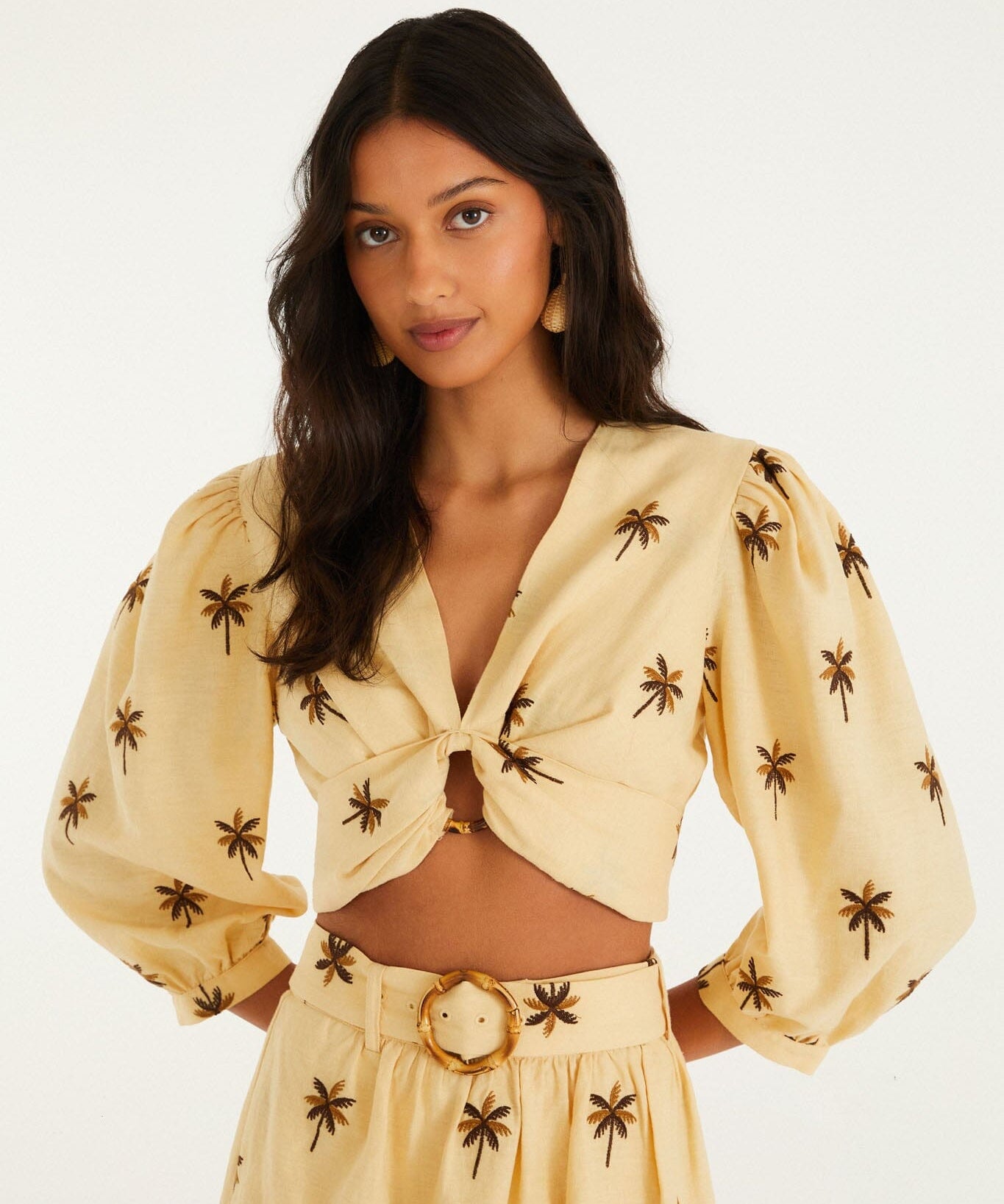 FARM Rio Sand Embroidered Long-Sleeve Crop Top – view 1