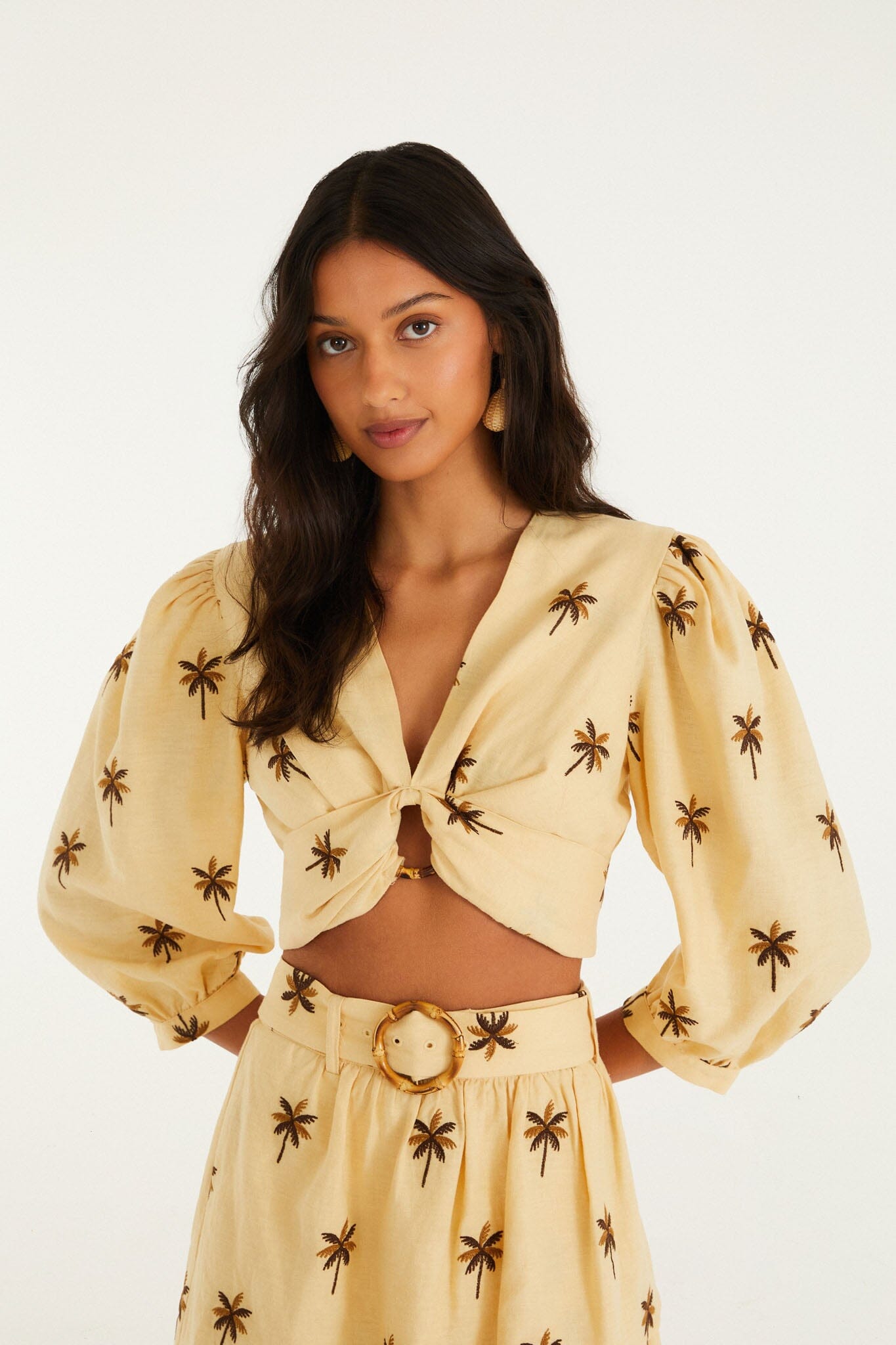 FARM Rio Sand Embroidered Long-Sleeve Crop Top – view 1
